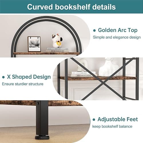 Shintenchi Bookshelf, Arched Bookshelf 5 Tier Bookcase, Tall Shelf for CDs/Books, Home Office Shelf Storage Organizer, Modern Book Shelf for Bedroom/Living Room, Rustic Brown thumbnail 4