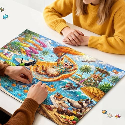 ROSE RAIN Premium 500 Piece Jigsaw Puzzle for Adults Funny Cat Water Park | Orange splash summer art with letters on back and dust-free thick HD board for relaxing solo play, family fun and cool gifts. thumbnail 2
