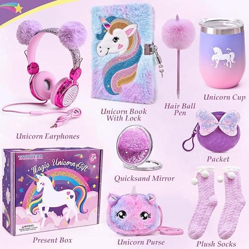 Tacobear Unicorn Gifts Girls Toy Age 5 6 7 8-12 with 3.5mm Wired Headphones Locked Diary Water Bottle Plush Bag Purse Socks Mirror, Christmas Birthday Gift Idea Toys for Teen Girl 6-10+ Years Old thumbnail 3