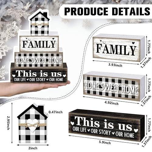 Cinnvoice 4 Pcs Farmhouse Table Decorations Rustic Home Sweet Tiered Tray Decor This Is Us Centerpiece Farmhouse Family Blesseheart House Block Sign Gift for Kitchen Shelf Office Indoor(Buffalo Plaid) thumbnail 3