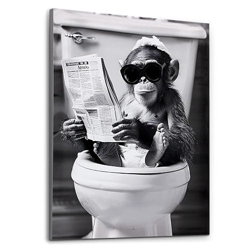 Deveosa Funny Bathroom Wall Art - Chimpanzee On Toilet Unique Cool Black And White Artwork For Restroom Paintings Animal Canvas Sings Decor Pictures Decorations 12x16inch - Image 1