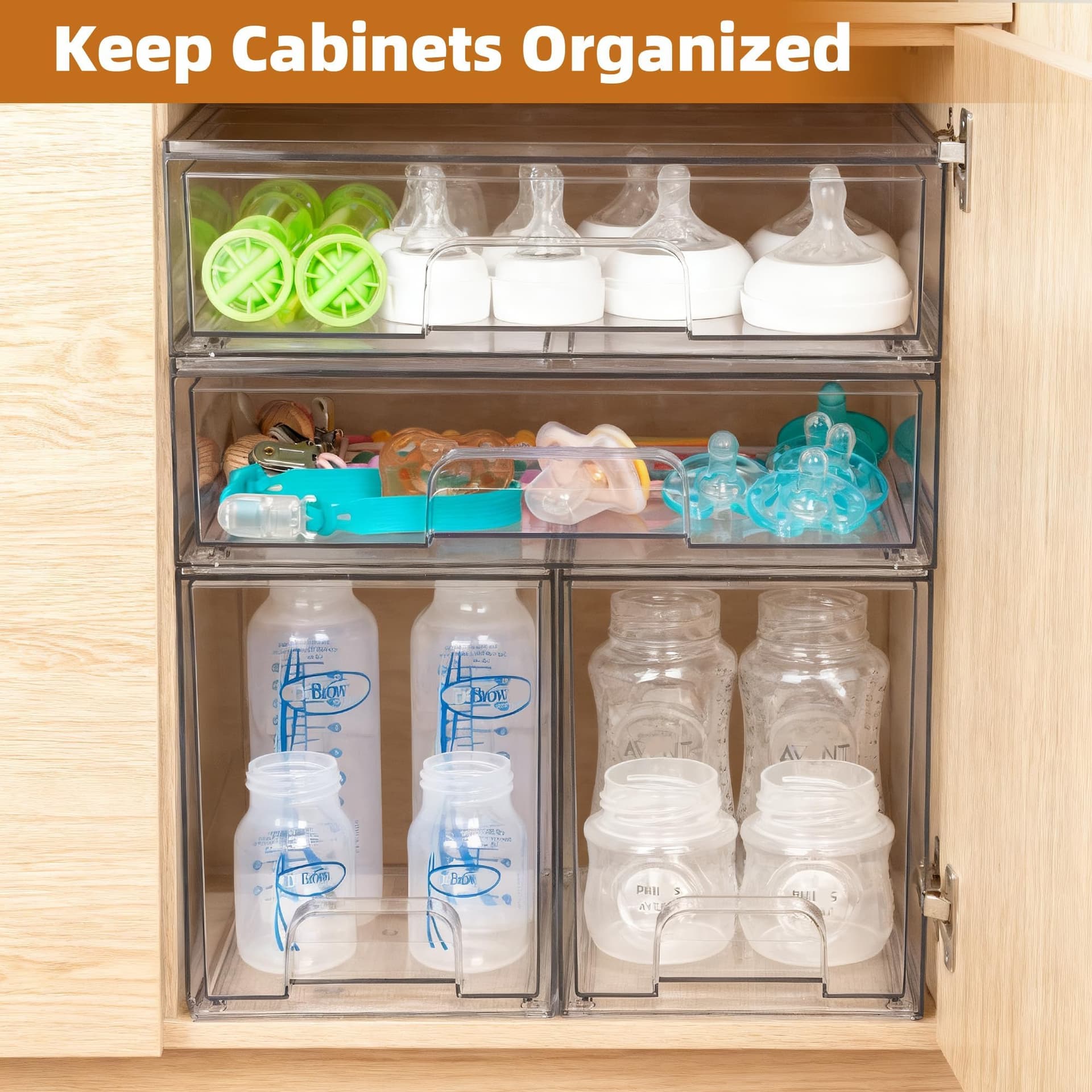 Baby Bottle Organizer, 4 Pack Stackable Storage Drawers with Labels, Clear Station Organizers Container for Pacifiers, Pump Parts, Desk Organizer Bins for Bathroom, Cabinet, Pantry, Vanity, Countertop thumbnail 7