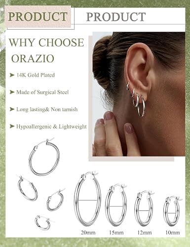 ORAZIO 4 Pairs Stainless Steel Hoop Earrings Set Cute Huggie Earrings for Women,10MM-20MM thumbnail 2