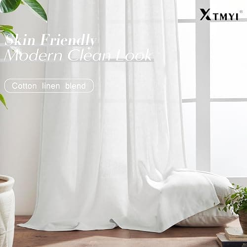 XTMYI White Curtains 84 Inches Long,Linen Semi Sheer Boho Light Filtering Textured Farmhouse Cotton Curtains for Bedroom Living Room 2 Panels Set,Back Tab Hooks Pleated thumbnail 5