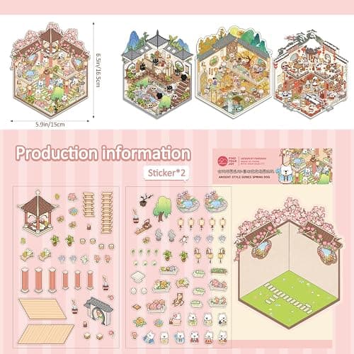 Girls 3D Miniature Scene Stickers, 4 Sets Chinese Courtyard DIY House Stickers for Lunar New Year, Spring, Summer, Auturn, Cute 3D Cartoon Sticker Scenes for Adult Kids Relief Stress Pass The Time thumbnail 4