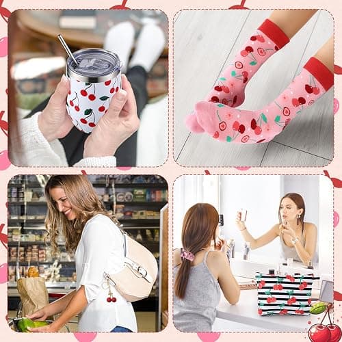 Landical 59 Pcs Cherry Gift for Women Include Themed Tumbler Mug Makeup Bag Sock Bracelet Necklace Scrunchie Wooden Ornament Greeting Card in Gift Box for Christmas Holiday thumbnail 5
