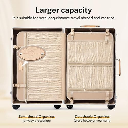 universal trotter Vintage PU Leather Luggage Set, Retro Trunk Suitcase with Wide Aluminum Frame, TSA Key Locks and Smooth 360° Spinner Wheels (Natural Tan Trim,26"+12") thumbnail 4