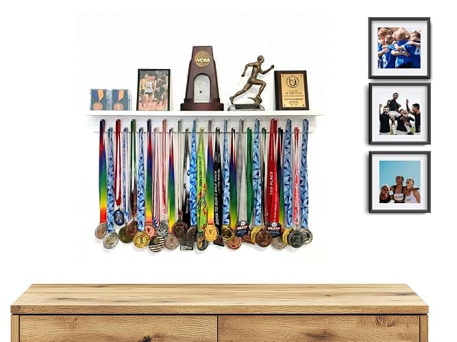 3ft Medal Hanger Display for Wall — Trophy Shelf with Hooks for Medals — 36" Solid Wood — Holds 30+ Medals + Cased Medals for Running, Gymnastics, Cheer, Karate — White- Medal Awards Rack thumbnail 5