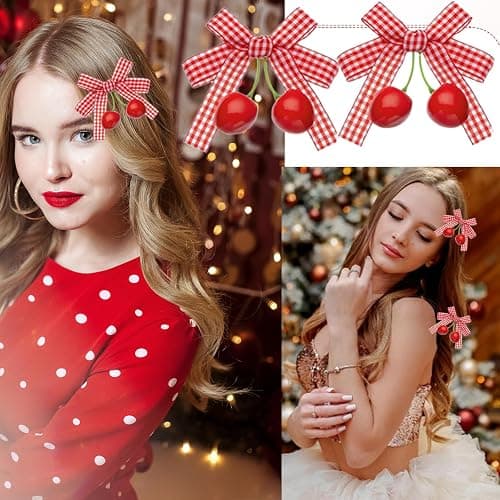 6pcs Cherry Bow Hair Clip Cute Rhinestone Alligator Clips Metal Alligator Clips Bow Nonslip Velvet Decor Lovely Hair Barrette for Women Girls Christmas Hair Decoration (Pink white) thumbnail 3