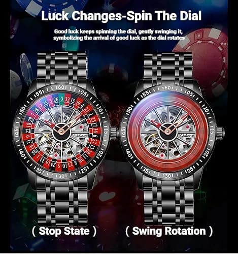 Roulette Wheel Automatic Mechanical Watch for Men Swinging Rotary Dial Design Hollow Skeleton Watches Stainless Steel Waterproof Business Luxury Wristwatch thumbnail 3