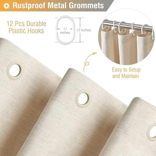 BTTN Beige Linen Textured Waterproof Cloth Shower Curtain Set, 72x72, Cream | 230GSM Polyester, Heavy Duty Fabric, Weighted Hem, 12 Plastic Hooks, Modern Hotel Style, Machine Washable, Bathroom Decor thumbnail 5