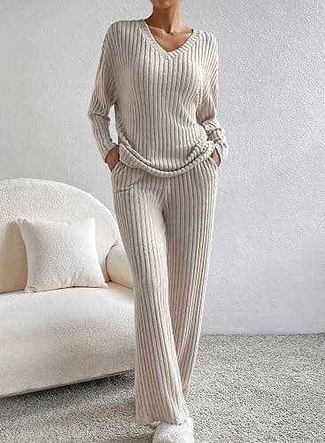 SHEWIN Women's Pajama Sets Long Sleeve Short Sleeve 2 Piece Lounge Sets Ribbed Knit Sweater Sleepwear thumbnail 5