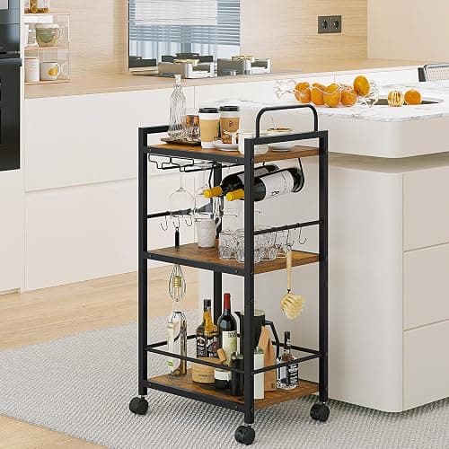 Bar Cart for The Home, 3 Tier Kitchen Carts with Wheels, Small Rolling Cart with Glass Holders, Wine Rack, Mini Bar Cart for Kitchen, Dining room, Living Room, 13.0"D x 17.0"W x 33.8"H, Rustic Brown thumbnail 2