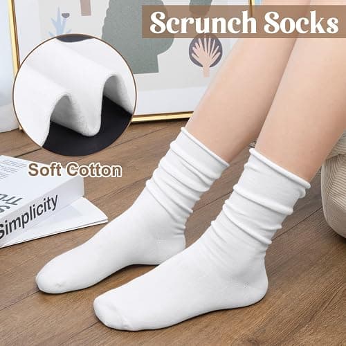 Chalier 5 Pairs Slouchy Socks for Women, Crew Cotton Socks with Cute Roll Top Casual Calf Long Sock thumbnail 6
