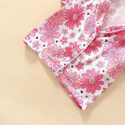 Qiylii 1-6Y Toddler Girls Floral Silk Pajamas Short Sleeve Button-Up Top Shorts Summer 2PC Flowers Satin Pajamas Set thumbnail 4