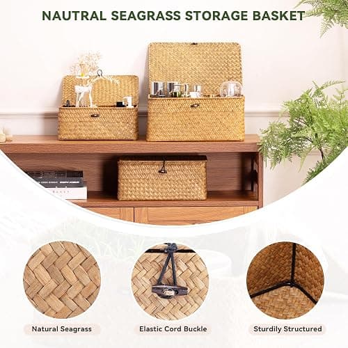 Nonam Storage Basket with Lid, Natural Seagrass Bin with Lid Set of 3, Shelf Baskets Multipurpose Container for Boho Decoration, Rectangular Household Storage Boxes for Home Organization thumbnail 9