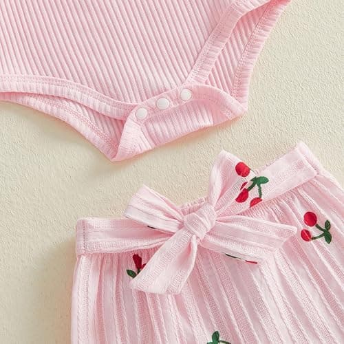 Suolongsama Newborn Baby Girl Clothes 3 6 12 18 Months Knit Long Sleeve Bubble Romper Cherry Printed Pants Headband Spring thumbnail 7