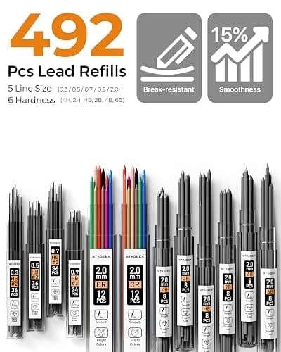 STAGEEK Mechanical Pencil Set with Case 37 Count, Drawing Pencils 0.3, 0.5, 0.7, 0.9MM & 2PCS 2MM Sketching Pencils with 492PCS Lead Refills (6B 4B 2B HB 2H 4H Color) for Artist Drafting Drawing thumbnail 3
