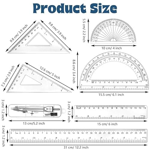 Zonon 1 Set Plastic Geometry Math Set Includes Drawing Compass, 6 and 4 Inch Protractor, 45/60 Degree Triangle Rulers 12 and 6 Inch Math Ruler Transparent for Office Supplies(Clear) thumbnail 3
