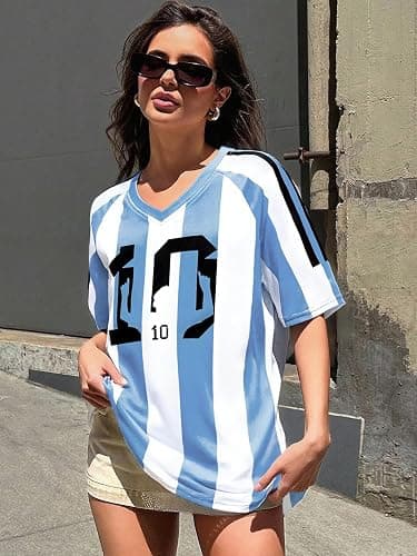 Oversized Jersey Shirts for Women Argentina Jersey Brazil Shirt Pink Soccer Mom Tshirts Y2k V Neck Short Sleeve Top thumbnail 2
