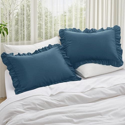 KKJIAF Ruffle Pillow Cases Standard Size Set of 2, Ruffled Pillow Covers with Envelope Closure, Wrinkle Resistant Ruffled Pillow Shams 20" x 26", Dark Blue thumbnail 2