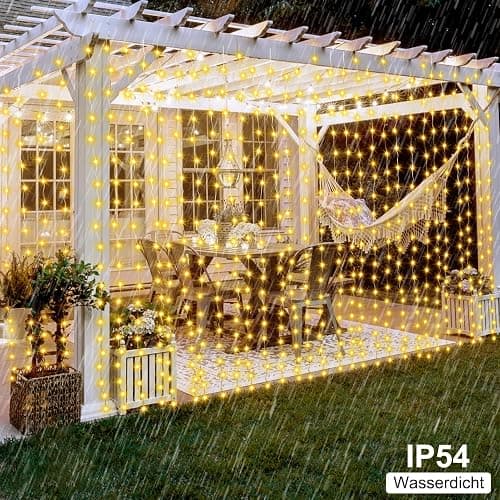 DBFAIRY 2x2M Lichtervorhang innen, 200 LED Lichterketten Vorhang mit 8 Modi Fernbedienung Timer, Batterie Lichterkette Vorhang Wasserfest für Party Hochzeit Innen und außen Deko (Warmweiß) thumbnail 4