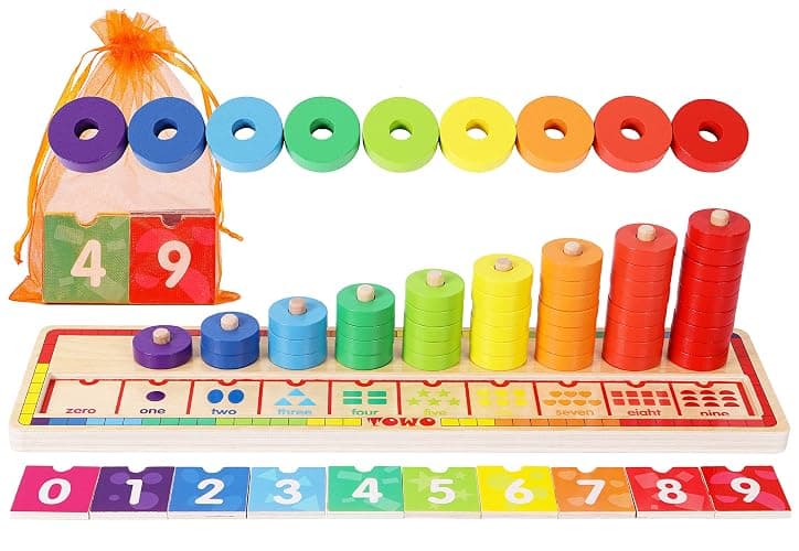 TOWO Wooden Stacking Rings and Counting Games with 45 Rings Number Blocks- Counting Ring Stacker-Wooden Sorting Counting Toy for 3 Years Old Kids Maths Learning Montessori Materials - Image 1