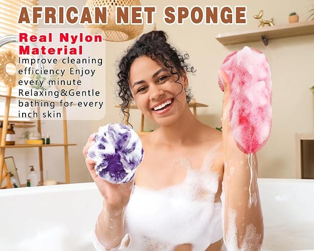 2 Pack African Net Sponge Exfoliating Body Scrubber Bath Sponge for Daily Use (Pink + Deep Purple) thumbnail 3