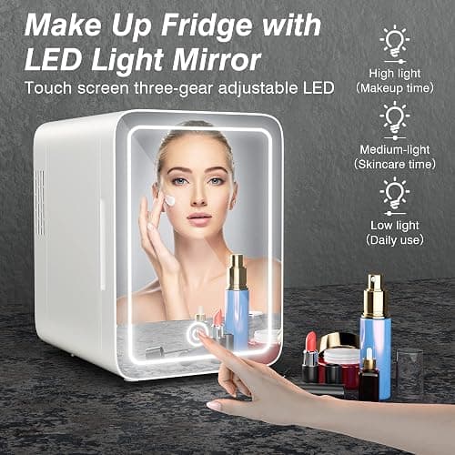 Easy-Take Skincare Fridge - Mini Fridge with Dimmable LED Mirror (4 Liter/6 Can), Cooler and Warmer, for Skincare and Food, Mini Fridge for Bedroom, Office and Car, White thumbnail 4