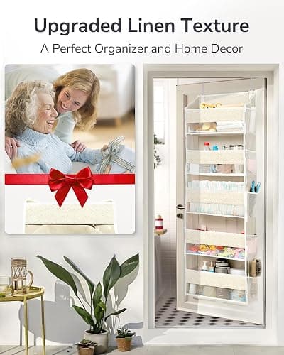 ULG 1 Pack Over Door Organizer with 5 Large Pockets 10 Mesh Side Pockets, Upgraded Linen Texture Over The Door Storage, 44 lbs Weight Capacity Hanging Storage Organizer, Ivory thumbnail 3