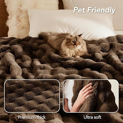 L'AGRATY Faux Rabbit Fur Blanket: 60" x 80" Twin Luxury Soft Fluffy Thick Fur Throw Blanket for Couch Bed Sofa - Cozy Plush Bubble Blankets for Winter: Flannel Fleece Decorative Blanket(Cocoa Brown) thumbnail 7