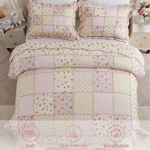 Cozyholy Queen Size Quilt Set 3-Piece, 100% Cotton Patchwork Quilt, Pink Floral Reversible Shabby Chic Bedding Bedspread for All Season, Soft Quilted Blanket with 2 Pillow Shams Machine Washable thumbnail 6
