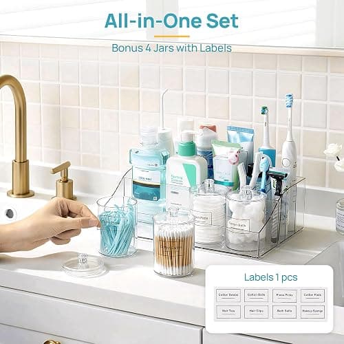 Vtopmart 5 PCS Bathroom Countertop Organizer, 1 Divided Tray with 4 Qtip Holder Jars, Restroom Clear Organizers for Toothbrush, Cotton Pads Balls, Floss, Bathroom Vanity Accessories Storage Set thumbnail 3