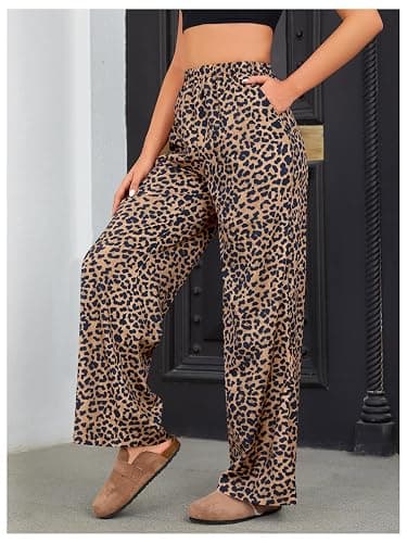 OYOANGLE Women's Leopard Print Elastic High Waist Long Pants | Loose Wide Leg, with Pockets, All Over Cheetah Printed, Casual Ladies Outfit, Palazzo Trousers thumbnail 3