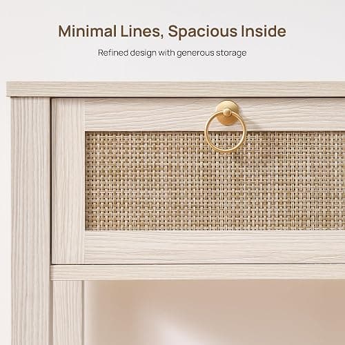 SICOTAS White Nightstand Set of 2,Rattan Decor Drawer with Brass Knobs Night Stand Bedside Table Boho End Tables Side Tables with Storage Shelf for Bedroom,Small Space thumbnail 4