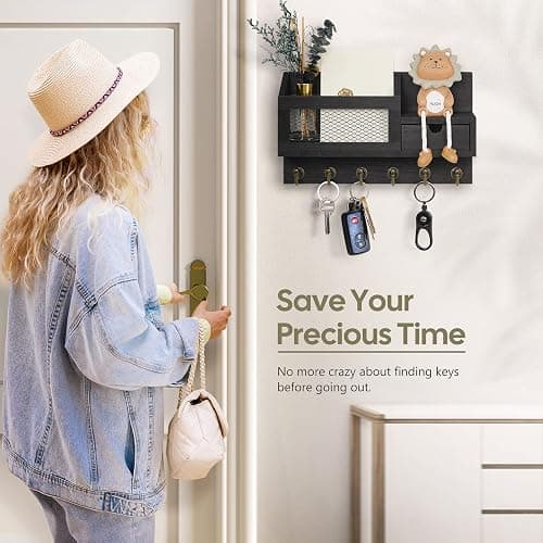 FifthQuarter Key and Mail Holder for Wall, Mail Organizer Wall Mount with 6 Hooks and Storage Drawer, Easy Installation Key Rack for Entryway and Home Decor (B-Black) - B-Black thumbnail 6