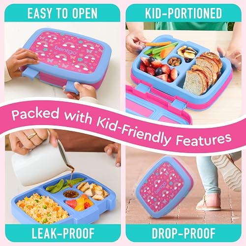 Bentgo Kids Prints Leak-Proof, 5-Compartment Bento-Style Kids Lunch Box - Ideal Portion Sizes for Ages 3-7, Durable, Drop-Proof, Dishwasher Safe, & Made w/BPA-Free Materials (Rainbows & Butterflies) - Rainbows and Butterflies thumbnail 6