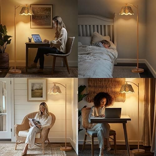 Oneach Rattan Floor Lamp for Bedroom, Boho Floor Lamp with Foot Switch, Farmhouse Standing Lamps for Living Room with Hand-Woven Shade, Walnut Metal Base & Pole thumbnail 8