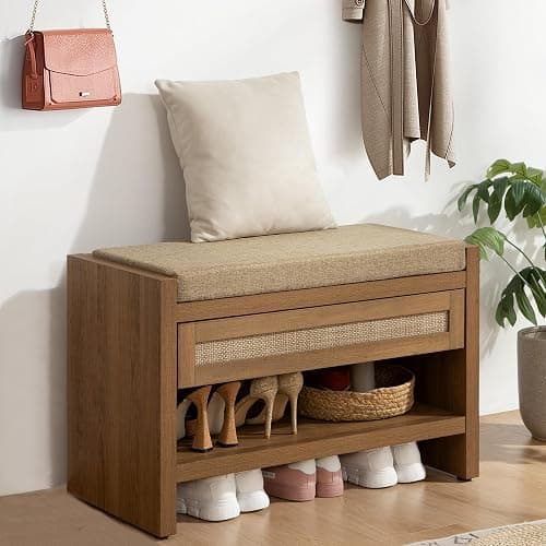 SICOTAS Rattan Shoe Bench Entryway Bench with Storage Drawer and Linen Seat Cushion, Farmhouse Boho Shoe Rack with Shelf, Wooden Storage Bench for Entryway Hallway and Bedroom, Caramel Oak - Image 1