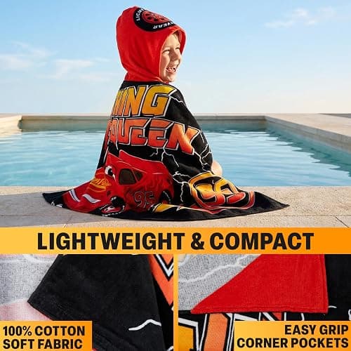 Disney Pixar Cars Bath Towels with Hood for Boys, Ages 2-6, Lightning McQueen Soft and Absorbent Hooded Cotton Beach Towel Wrap, Swimming Pool Poncho, Gifts for Boys (Red/Black Cars) thumbnail 3