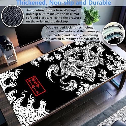 Black and White Mouse Pad Extra Large Gaming Mousepad XL Dragon Desk Mats Japanese Full Desk Keyboard Mat Computer Pad Desk Matt with Stitched Edges Non-Slip Desktop Mat 31.5 x15.7 in thumbnail 4