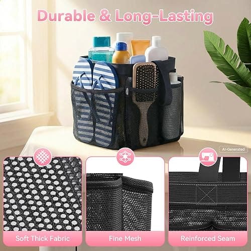 YASONIC Mesh Shower Caddy Portable for Dorm College Room Essentials, 8-Pocket Large Shower Bag with Single Handles, Hanging Shower Basket for Beach, Swimming, Bathroom, Beach, Black thumbnail 5