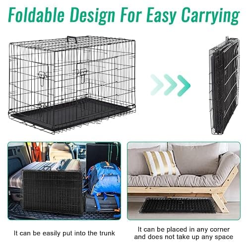 FDW Dog Crate for Large Dogs 42 Inch Folding Metal WirePet Cage Double Door W/Divider Panel Indoor Outdoor Kennel Leak-Proof Plastic Tray,Black thumbnail 5