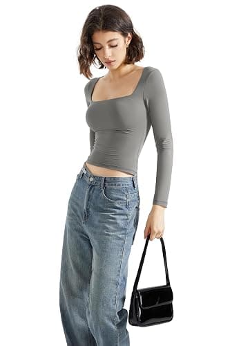 SUUKSESS Women Square Neck Long Sleeve Tops Double Lined Going Out T Shirts thumbnail 5