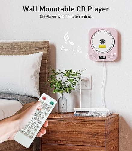 Kpop Pink CD Player Desktop/Wall,Wired Vertical Cute CD Players for Home, Bluetooth Speakers/FM Radio with IR Remote Control,CD Music Timer Alarm Clock with LED Display,Support CD/USB/TF/AUX/Copy - Pink thumbnail 3