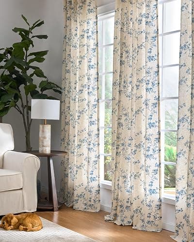 jinchan Linen Floral Curtains for Living Room 84 Inch Length Blue Printed Curtains Back Tab French Country Farmhouse Flower Patterned Drapes Bedroom Window Curtain Set 2 Panels thumbnail 6