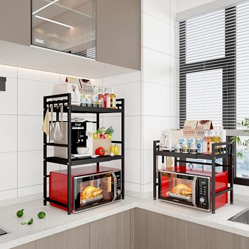Mointal Verstellbares Mikrowellenregal, 2-Stufig Erweiterbares Küchen Mikrowelle Ständer Regal, Mikrowellenhalter aus Kohlenstoffstahl, Küchenaufbewahrung Organizer mit 8 Haken, Schwarz thumbnail 7