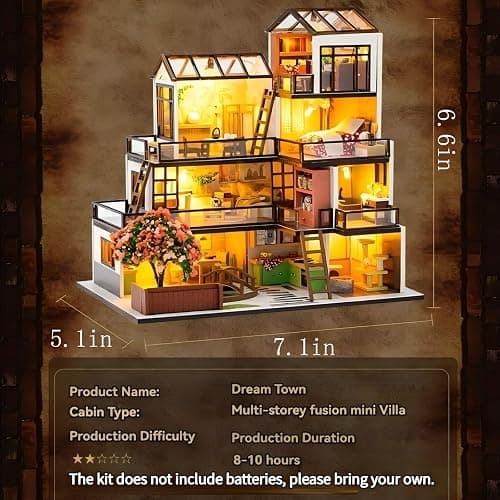 OZJAY DIY Miniature House Kit, Tiny House Kit with Dust Proof Cover & Tools, DIY Wooden Dollhouse Miniature Kit for Adults Teen, Wooden Crafts Lovely Dollhouse Kit - Dream Town thumbnail 3