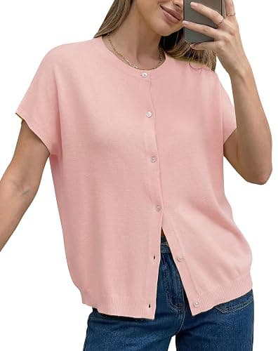 Arach&Cloz Women's Wool Blend Oversized Batwing Short Sleeve Cardigan | Soft Not-Itchy, Capsule Wardrobe Outfits, Summer Sweater Knit Outfits, Lightweight Casual Tops, Vacation Brunch Clothes - Image 1