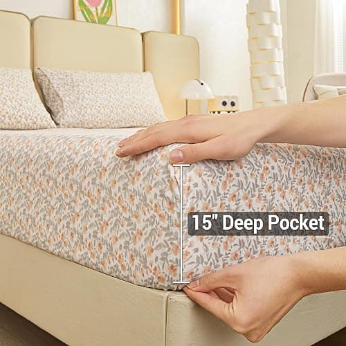 Viviland Floral Queen Sheet Set - 4 Piece Vintage Light Orange Flower Patterned Bed Sheets - Soft, Breathable Microfiber Sheets with Deep Pocket, Non-Slip Fitted Sheets & Pillowcases thumbnail 3
